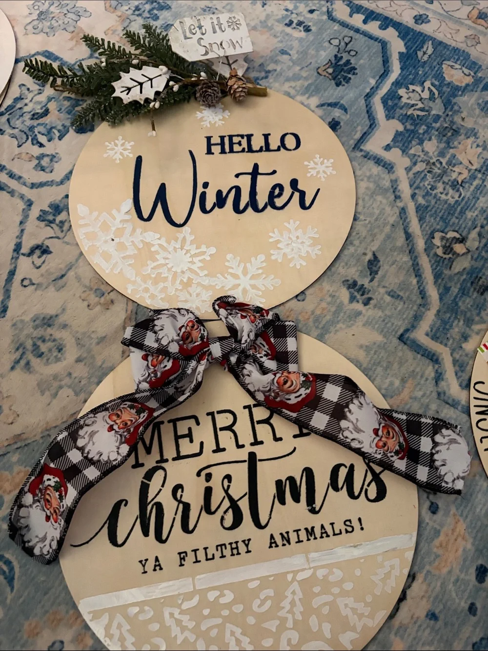 Hello Winter / Merry Christmas Wooden Door Hanger - White, Black, Red